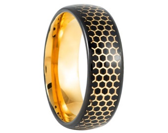 8mm Honeycomb Tungsten Wedding Band,8mm Yellow Gold Tungsten, Engagement Ring, Men & Women, Tungsten Carbide Ring, Yellow Gold Ring