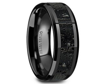 Black and Gray Lava Rock Stone Inlay Black Ceramic Wedding Band 8mm Ceramic Inlaid Ring Lava Inlay 8mm Mens Ceramic Ring Lava Ring