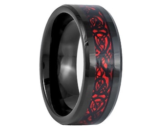 8mm Celtic Tungsten Wedding Ring, Tungsten Wedding Band, Beveled, Dragon Inlay, Tungsten Ring, Red Celtic Dragon, Red Dragon Inlay