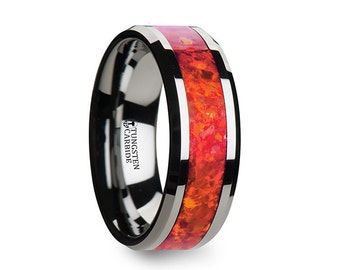 Red Opal Inlay Tungsten Carbide Wedding Band 8mm Tungsten Inlaid Ring Red Opal Inlay 8mm Mens Tungsten Ring