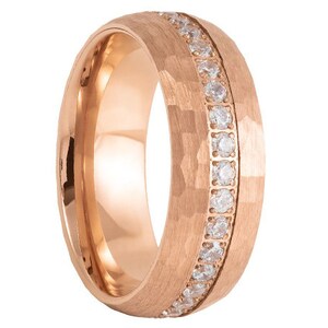 8mm Rose Gold Eternity Wedding Band,8mm Blue Tungsten, CZ Wedding Band, Men & Women, Tungsten Carbide Ring, Rose Tungsten Ring