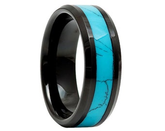8mm Turquoise Black and Blue Tungsten, Tungsten Wedding Band, Tungsten Ring, Men's Blue Wedding Band, Turquoise Tungsten Ring