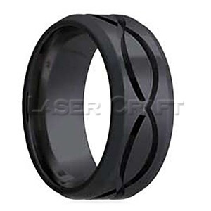 Fede nuziale in zirconio nero inciso personalizzato con motivo fresato smussato 6mm-8mm (incisione laser gratuita)
