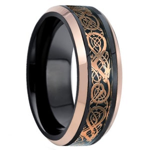 8mm Tungsten Wedding Ring,Tungsten Wedding Band,Beveled,Rose Gold Dragon,Tungsten Ring,Comfort Fit,Rose Gold Dragon Inlay,Anniversary Ring