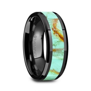 8mm Light Blue Turquoise Stone Inlay Black Ceramic Wedding Band 8mm Ceramic Inlaid Ring Turquoise Inlay 8mm Mens Black Ceramic Band