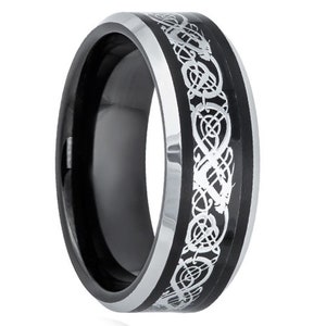 Tungsten Wedding Ring,Tungsten Wedding Band,Beveled,Black Dragon,Tungsten Ring,Comfort Fit,Black Dragon Inlay,Anniversary Ring,8mm