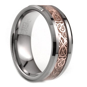 Rose Gold Celtic Dragon Design Inlay,Tungsten Carbide Ring,Celtic Dragon Inlay,Ring,Band,Unisex Tungsten Ring,Rose Gold Dragon Inlay