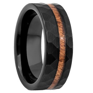 8mm Men&#39;s Two Tone Koa Wood Tungsten Wedding Band, Koa Wood Tungsten Ring, Men&#39;s Black Wedding Band, Black Tungsten Ring, Tungsten Band