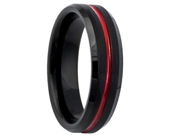 6mm Men's Red and Black, Black and Red Tungsten Wedding Band, Tungsten Ring, Men's Rose Gold Wedding Band, Gunmetal Tungsten Ring