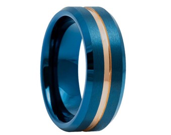 8mm Rose Gold Blue Tungsten Wedding Band,8mm Blue Tungsten, Engagement Band, Men & Women, Tungsten Carbide Ring, Blue Tungsten Ring