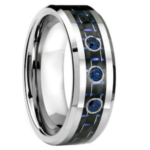 Saffier trouwring, blauwe saffier zwarte wolfraam band, wolfraamcarbide ring, verlovingsband, comfortabele pasvorm, blauwe saffier, 8 mm, aangepast, set
