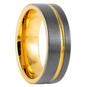 8mm Two Tone Men&#39;s Yellow and Grey Tungsten, Tungsten Wedding Band, Tungsten Ring, Men&#39;s Grey Wedding Band, Yellow Tungsten Ring