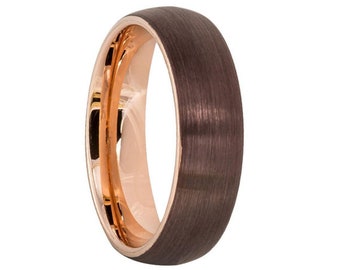 6mm Brown & Rose Gold Inlay Tungsten Carbide Wedding Band 6mm Tungsten Inlaid Ring Brown Inlay 6mm Mens Rose Gold Tungsten Ring