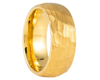 8mm Tungsten Yellow Gold Hammered Wedding Band, Tungsten Ring, Men's Yellow Gold Wedding Band, Yellow Tungsten Ring, Tungsten Band