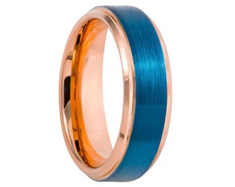 6mm Men's Blue and Rose Gold, Tungsten Wedding Band, Tungsten Ring, Men's Rose Gold Wedding Band, Blue Tungsten Ring, Tungsten Band