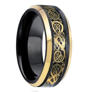 8mm Tungsten Wedding Ring,Tungsten Wedding Band,Beveled,Gold Dragon,Tungsten Ring,Comfort Fit,Black Dragon Inlay,Anniversary Ring,8mm