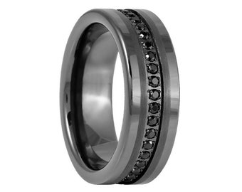 8mm Black Eternity Wedding Band,8mm Blue Tungsten, CZ Wedding Band, Men & Women, Tungsten Carbide Ring, Black Tungsten Ring
