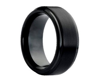 Satin Polish Tungsten Ring,Black Tungsten Ring,Mens Ring,Stepped Edges,His,Hers,Anniversary Ring,Custom,Handmade,8mm,Black Tungsten Band