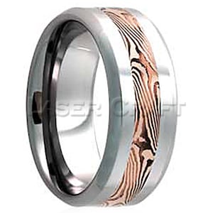Personalized Engraved Tungsten Carbide Wedding Band Beveled Edge Rose Gold and Shakudo Mokume Gane Inlay 6mm-8mm (Free Laser Engraving)