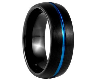 8mm Two Tone Men's Blue and Black Tungsten, Tungsten Wedding Band, Tungsten Ring, Men's Black Wedding Band, Blue Tungsten Ring