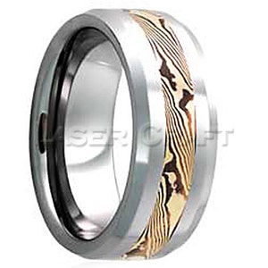 Personalized Engraved Tungsten Carbide Wedding Band Beveled Edge 14K Yellow Gold & Shakudo Mokume Gane Inlay 6mm-8mm (Free Laser Engraving)