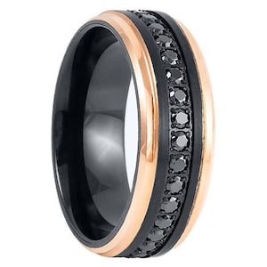 8mm Black and Rose Gold Eternity Wedding Band,8mm Rose Tungsten, CZ Wedding Band, Men & Women, Tungsten Carbide Ring, Black Tungsten Ring