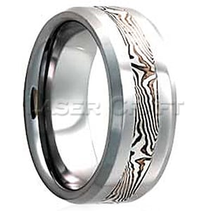 Personalized Engraved Tungsten Carbide Wedding Band Beveled Edge Sterling Silver & Shakudo Mokume Gane Inlay 6mm-8mm (Free Laser Engraving)