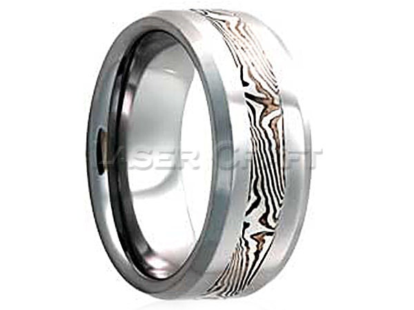 Personalized Engraved Tungsten Carbide Wedding Band Beveled Edge Sterling Silver & Shakudo Mokume Gane Inlay 6mm-8mm (Free Laser Engraving)