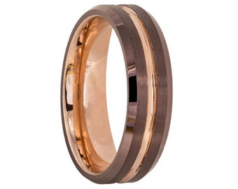 6mm Brown & Rose Gold Inlay Tungsten Carbide Wedding Band 6mm Tungsten Inlaid Ring Brown Inlay 6mm Mens Rose Gold Tungsten Ring