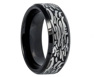 Tungsten Wedding Band,Rock Art Ring,Two Tone,Black Wedding Band, Black Tungsten,Mens Wedding Band,Engraving,Anniversary,Brushed,Mens Ring