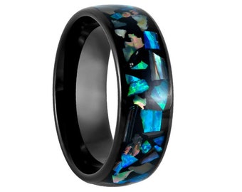 8mm Opal and Abalone Tungsten Wedding Band, Opal Inlay, Abalone Inlay Tungsten Ring, Men's Black Wedding Band, Tungsten Band