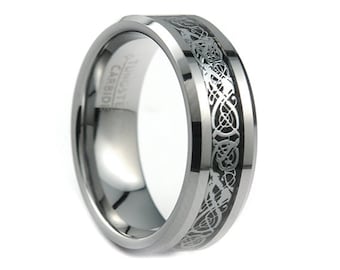 Tungsten Wedding Band,Tungsten Wedding Ring,Beveled Edges,Dragon Inlay,Celtic Knot,Anniversary Ring,His,Hers,Tungsten,8mm