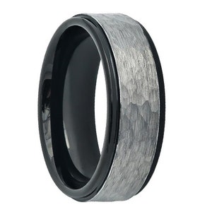 Tungsten Wedding Band,Gun Metal,Two Tone,Black Wedding Band, Black Tungsten,Mens Wedding Band,Engraving,Hammered,Mens Ring,Mans,Rings