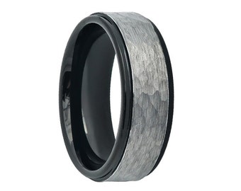 Tungsten Wedding Band,Gun Metal,Two Tone,Black Wedding Band, Black Tungsten,Mens Wedding Band,Engraving,Hammered,Mens Ring,Mans,Rings