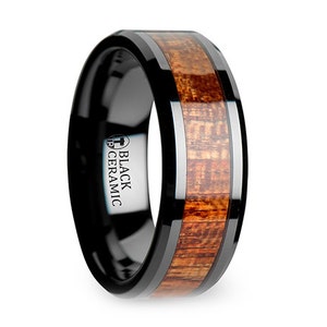 Exotic Mahogany Hard Wood Inlay Black Ceramic Wedding Band 8mm Ceramic Inlaid Ring Exotic Mahogany Wood Inlay 8mm Mens Ceramic Ring