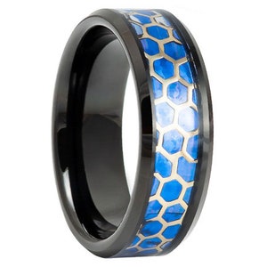 8mm Honeycomb Tungsten Wedding Band,8mm Blue Opal Tungsten, Engagement Ring, Men & Women, Tungsten Carbide Ring, Blue Tungsten Ring