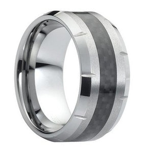 Tungsten Wedding Band,Grooved Edges,Beveled Edges,Black Carbon Fiber Inlay,Tungsten Ring,Engagement Ring,Anniversary Ring,10mm,Anniversary