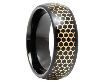 8mm Honeycomb Tungsten Wedding Band,8mm Black Tungsten, Engagement Ring, Men & Women, Tungsten Carbide Ring, Yellow Tungsten Ring