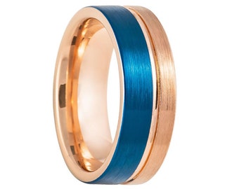 8mm Men's Blue and Rose Gold, Two Tone Tungsten Wedding Band, Tungsten Ring, Men's Rose Gold Wedding Band, Blue Tungsten Ring, Tungsten Band
