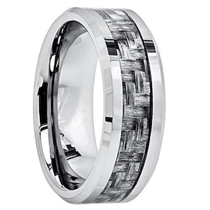 Mens Tungsten Wedding Band Ring 8mm Charcoal Grey Carbon Fiber Inlay Comfort Fit Polished Beveled Edges Brushed Center Custom Engraved 8mm