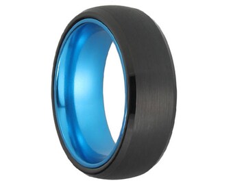 Black Tungsten with Blue Anodized Aluminum Inlay Tungsten Carbide Band 8mm Blue Tungsten Inlaid Ring Black and Blue Inlay Tungsten Ring