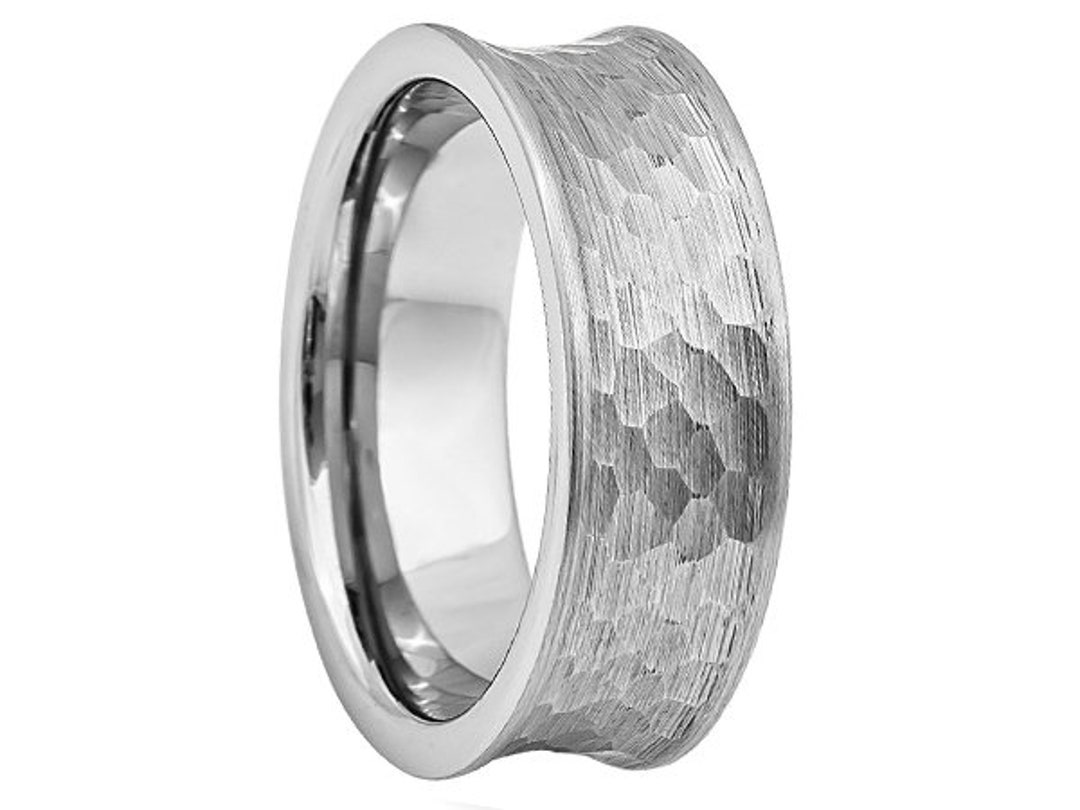 8mm Men's Grey Tungsten Wedding Band, Concave Hammered Tungsten Ring