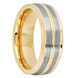 Gunmetal 18K Yellow Gold Tungsten Wedding Band,Tungsten Wedding Ring,Anniversary Band,Brushed Tungsten Wedding Ring,Custom Tungsten Band