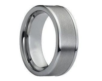 Herrvigselring i volfram, volframvigselring, jubileumsring, förlovningsring, handgjord, för honom och hennes, komfortpassform, 8 mm, upphöjd kant, borstad