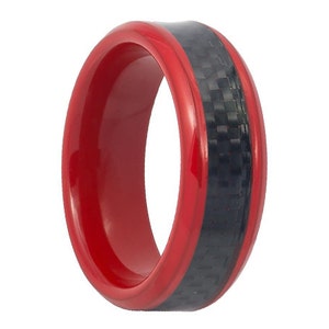 Black Carbon Fiber Inlay Red Tungsten Carbide Wedding Band 8mm Tungsten Inlaid Ring Carbon Fiber Inlay 8mm Mens Tungsten Ring Beveled Edges