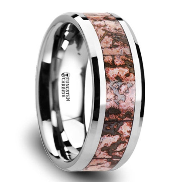 Pink Dinosaur Bone Inlay Tungsten Carbide Wedding Band 8mm Tungsten Inlaid Ring Dinosaur Bone Inlay Pink Inlay 8mm Mens Tungsten Ring