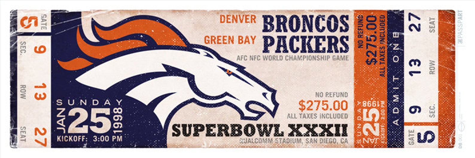 Superbowl 32 Denver Broncos Vintage Ticket Poster Etsy