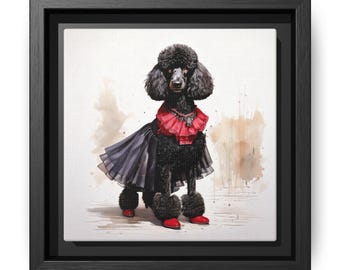 May include: A framed canvas print featuring a stylized black poodle wearing a red ruffled collar, a black cape, and red shoes. The artwork has a watercolor effect with a neutral background and a black frame.