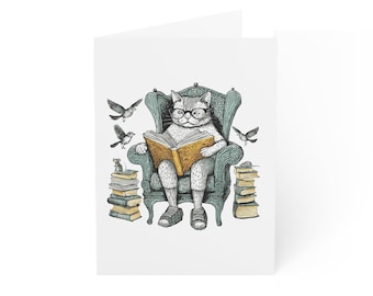 Cat Reading Book Greeting Card – Book Lover Gift