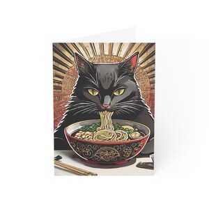 Ramen Noodle Slurping Cat Greeting Cards - This broth tastes like your regrets.